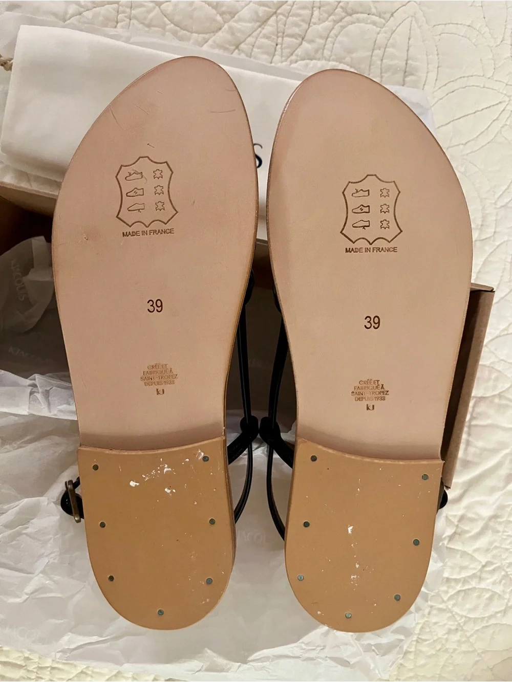 NIB Dôen and K.Jacques Black Patent Leather Peche Sandals in Noir Size 39